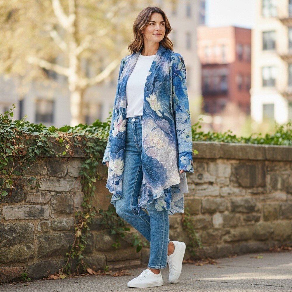 Soft Surroundings Tea Garden Open‎ Cardigan Blue M Medium Koi Lotus 1921 Preppy